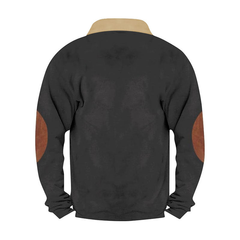 Men Cord-Optic Half-Zip Sweater with Teddy Collar and Elbow Patches Chichicherry