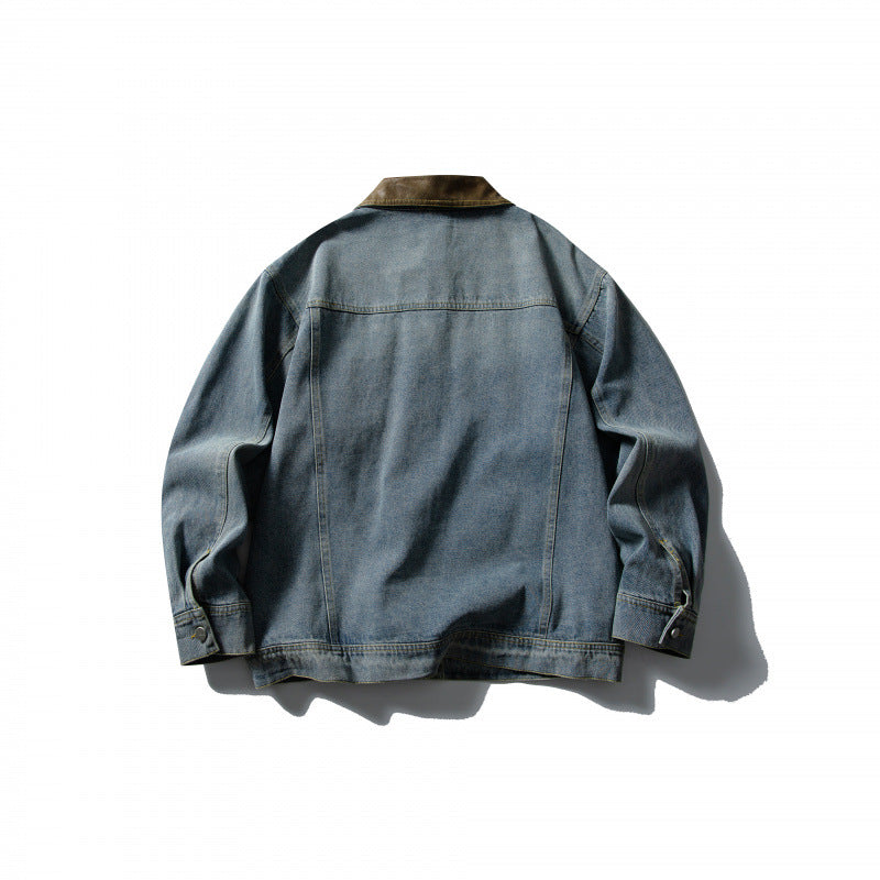 Unisex Boxy Denim Jacket with Leather Collar, Snap Button Placket and Flap Pockets Chichicherry