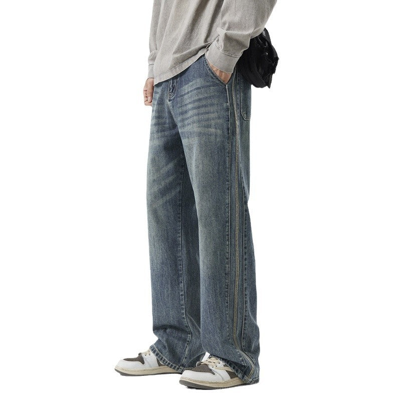 Men's Loose Vintage Denim Jeans with Wash and Straight Leg Chichicherry