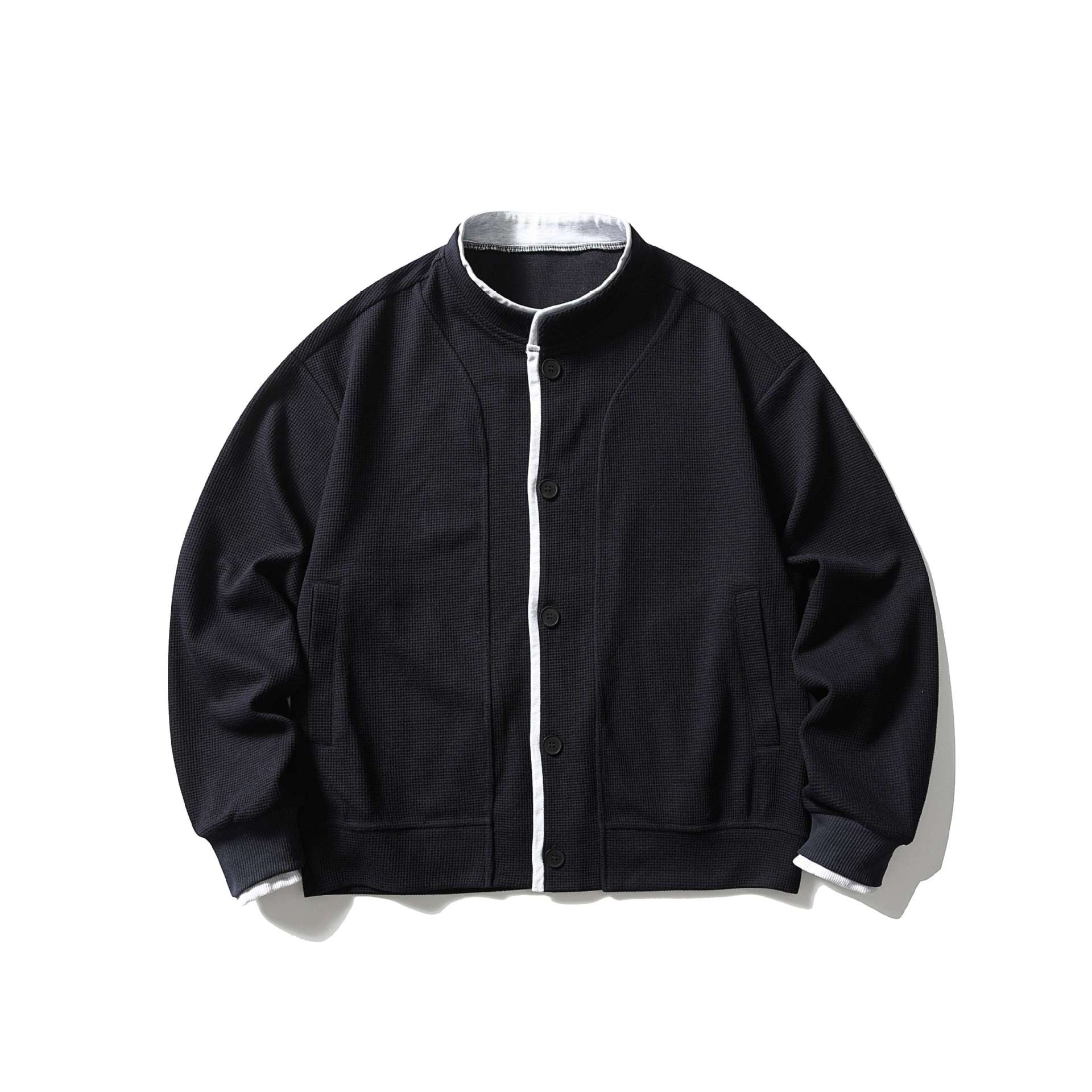 Unisex Short Cut Boxy Blouson Jacket with Waffle Structure, Stand-Up Collar and Contrast Piping Chichicherry