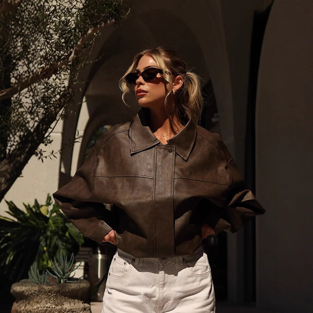Women Boxy Cropped Faux Leather Blouson with Oversized Shoulder Chichicherry