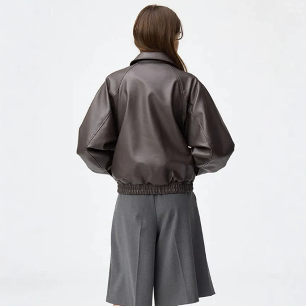 Women Boxy Cropped Faux Leather Jacket with Concealed Zipper and Elastic Hem Chichicherry