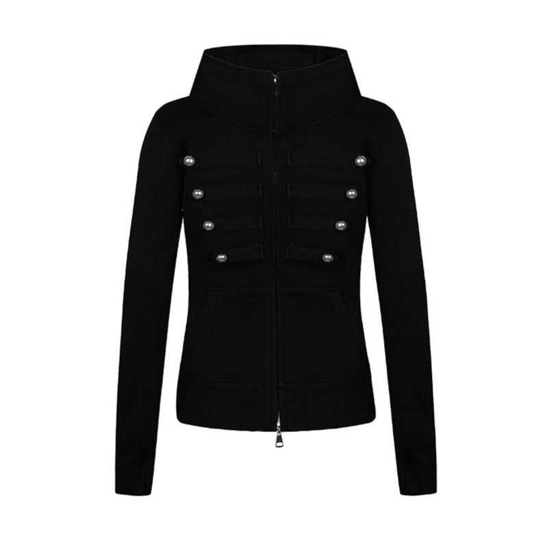 Ladies hooded sweatshirt jacket in military style with stand-up collar, decorative straps, and continuous zipper Chichicherry
