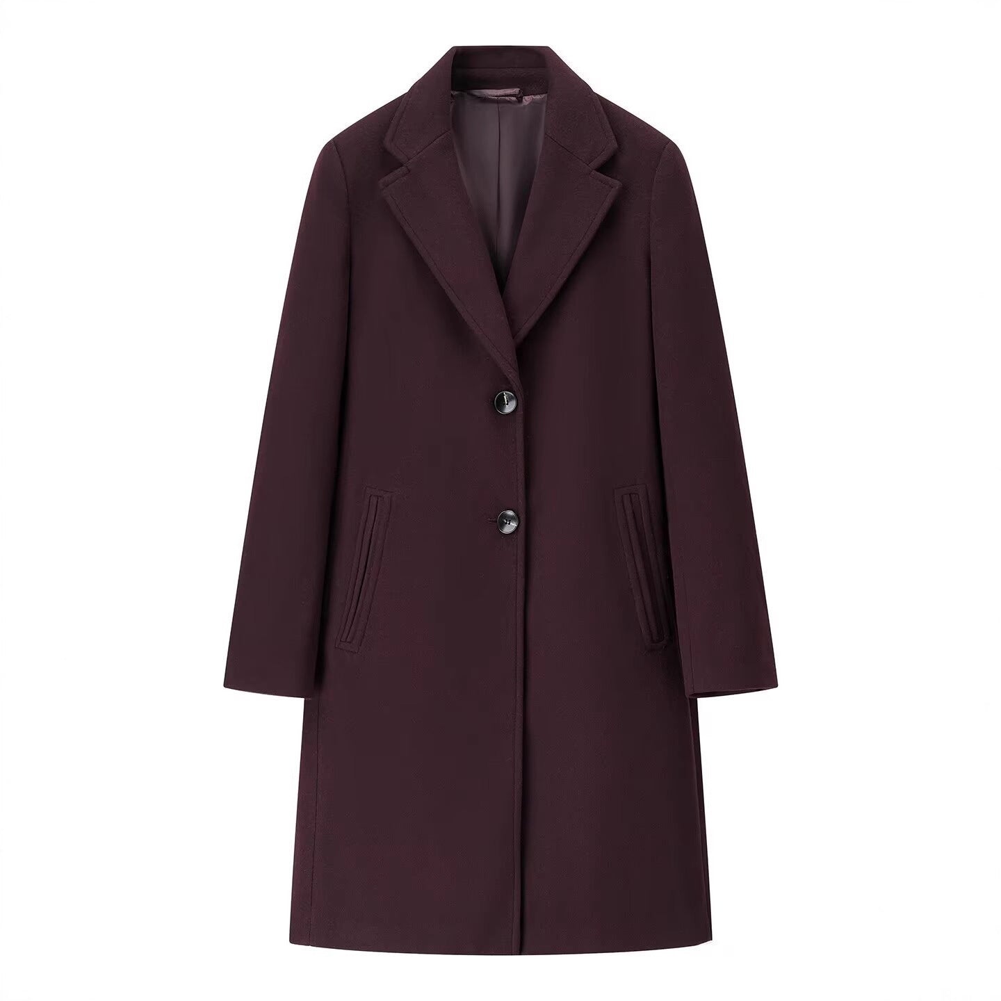 Women's Longline Single-Breasted Wool Blend Coat with Notched Collar and Welt Pockets Chichicherry