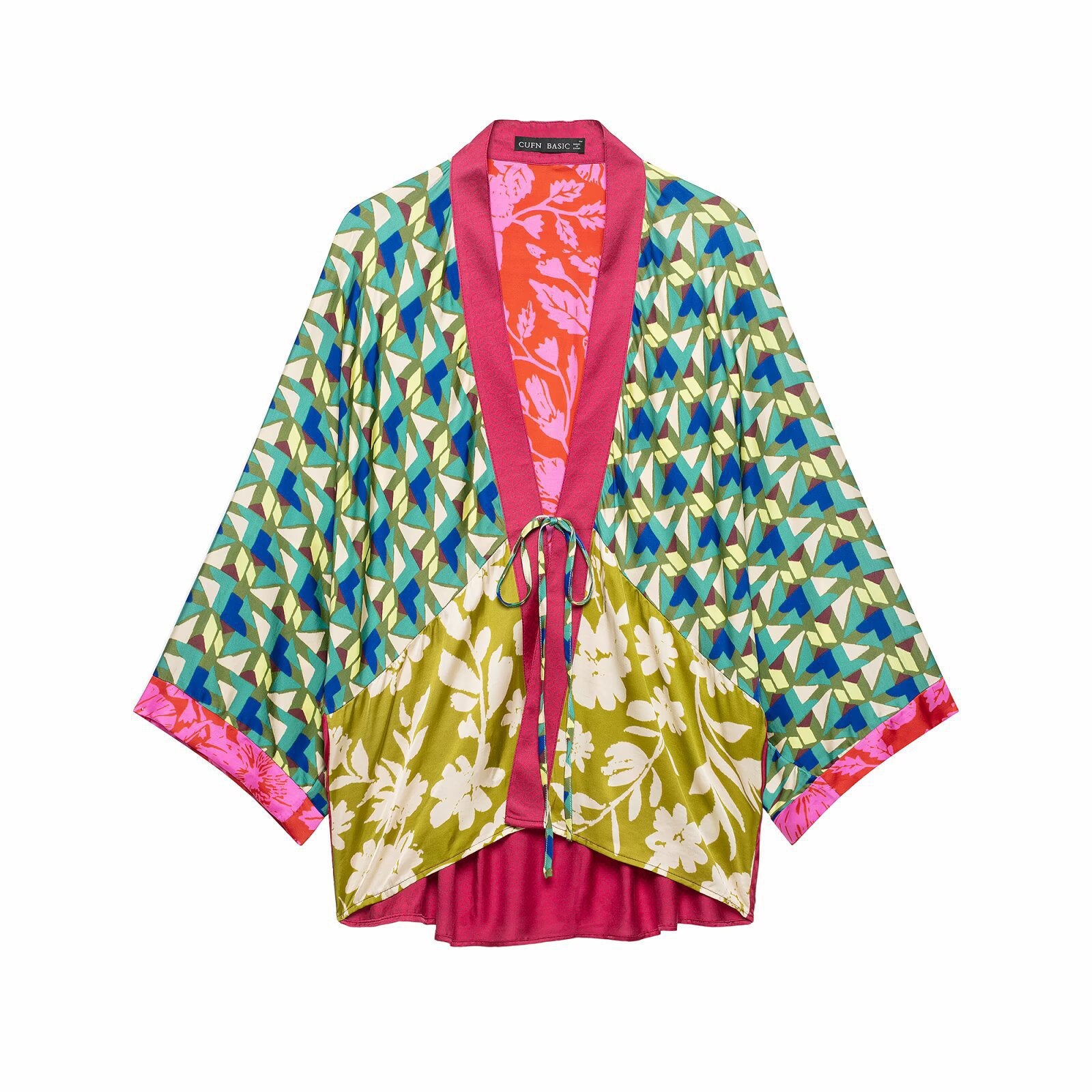 Women's Patterned Silk Kimono with Ties and Wide Batwing Sleeves Chichicherry