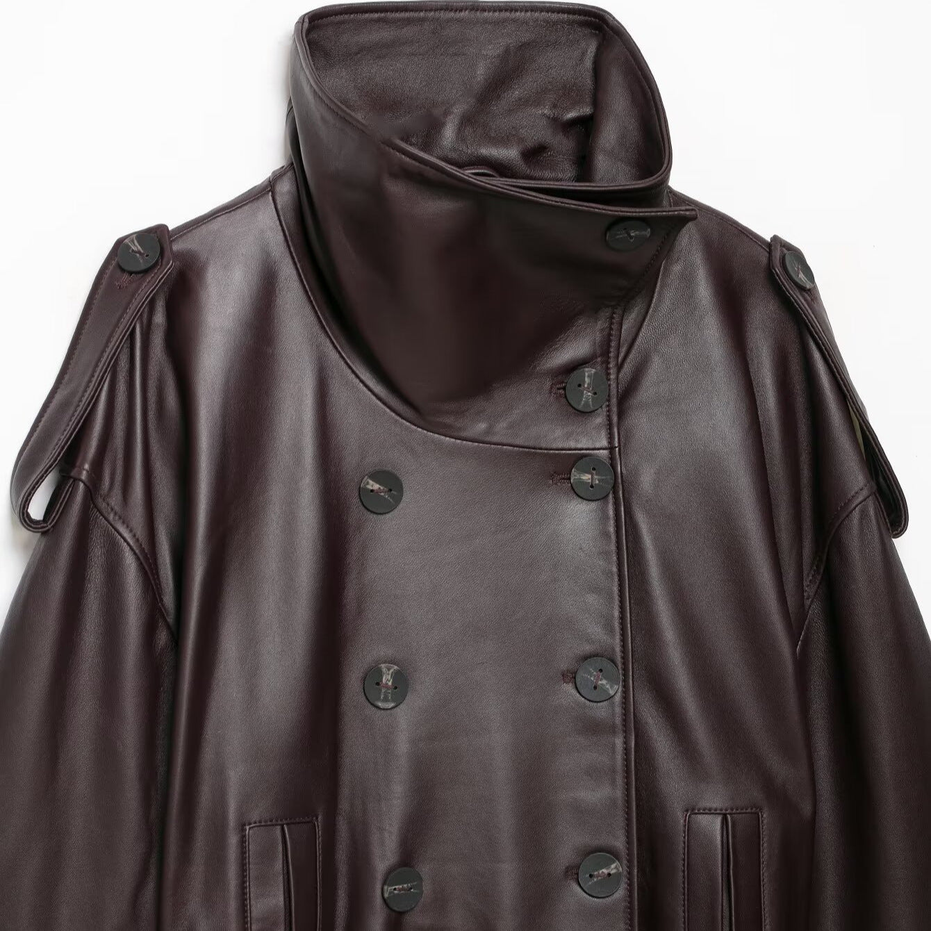 Women Short Leather Trench Coat Jacket with High Standing Collar, Double-Breasted Button Placket and Waist Belt Chichicherry