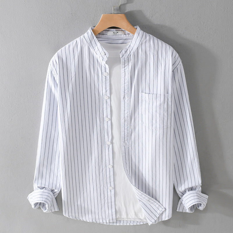 Men's Lightweight Stand Collar Long Sleeve Shirt made of Cotton Blend with Fine Pinstripe and Chest Pocket Chichicherry