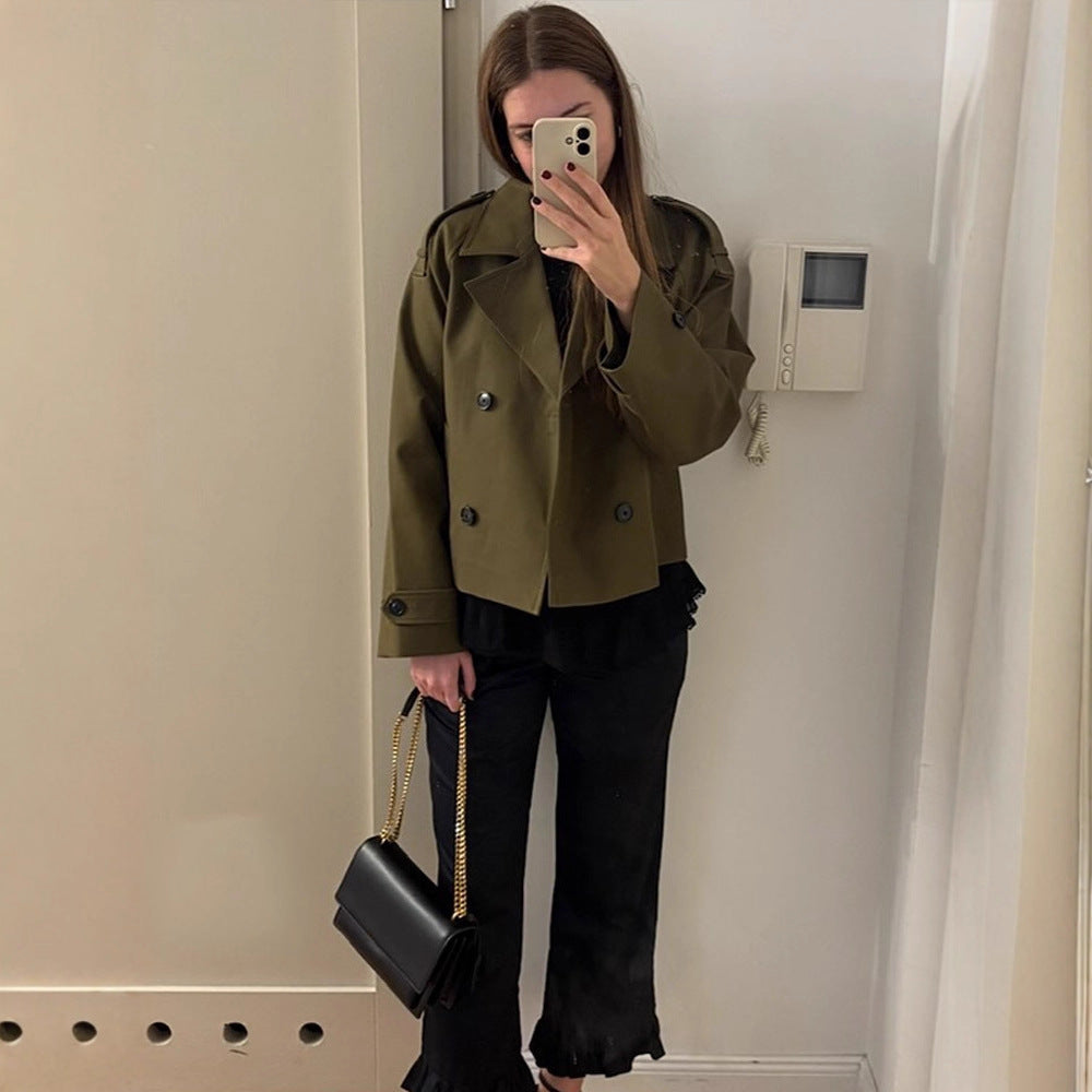 Women's Cropped Double-Breasted Trench Coat with Boxy Silhouette and Patch Pockets Chichicherry