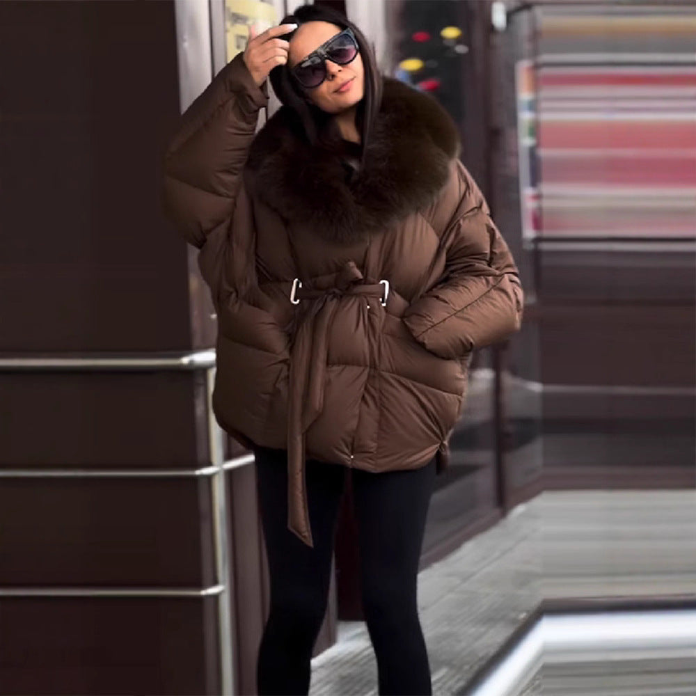 Women's Oversized Puffer Jacket with Waist Belt and Faux Fur Collar Chichicherry