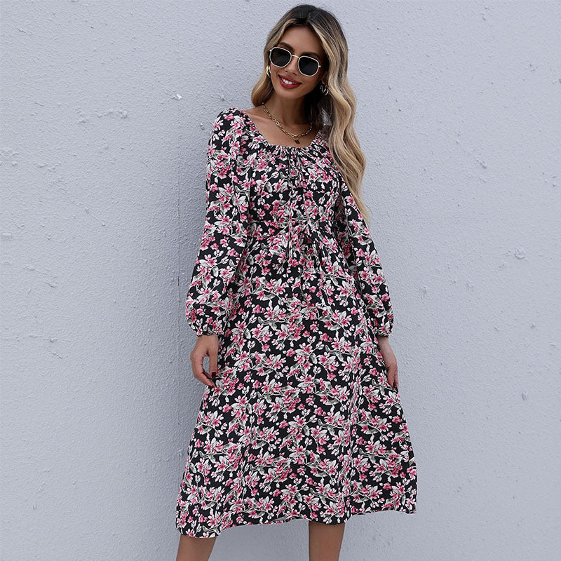 Women's midi dress with floral tiered skirt, gathered neckline & waist drawstring Chichicherry