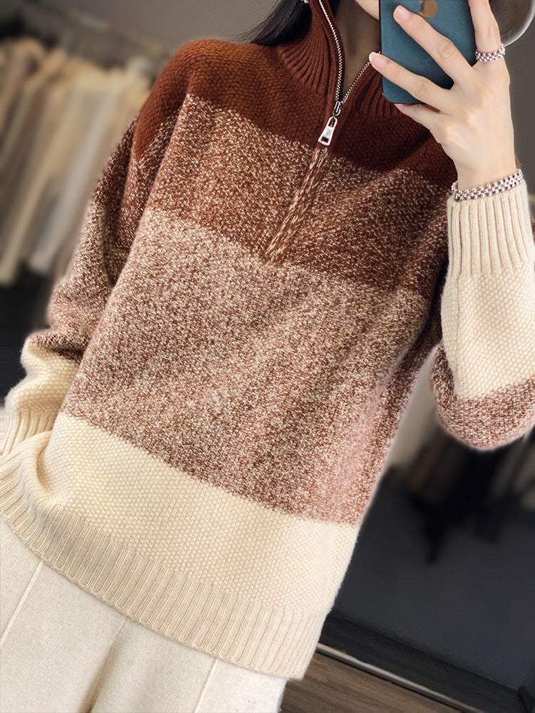Women’s oversized knit pullover with half zip, heathered block stripes and soft fleece Chichicherry