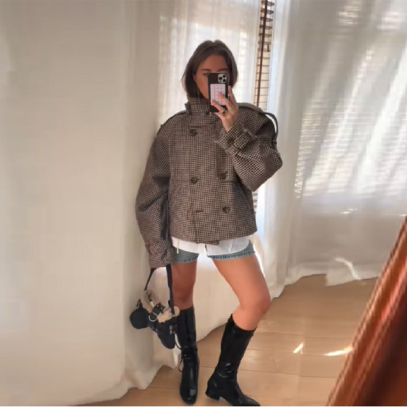 Women Short Houndstooth Wool Blend Coat with Wide Lapel Collar Chichicherry