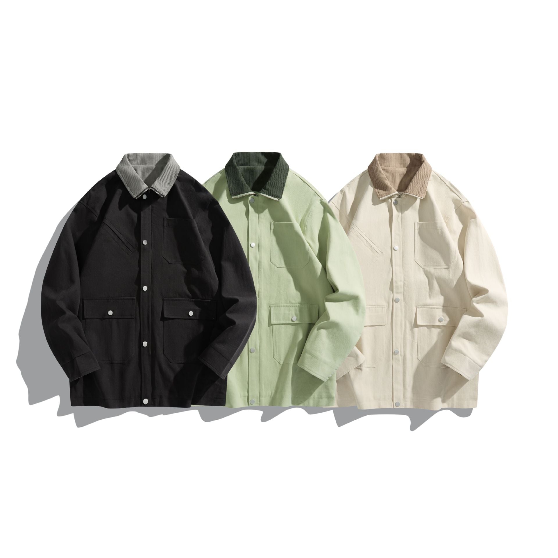 Unisex Short-Cut Boxy Canvas Jacket with Cord Collar, Snap Button Front and Utility Patch Pockets Chichicherry
