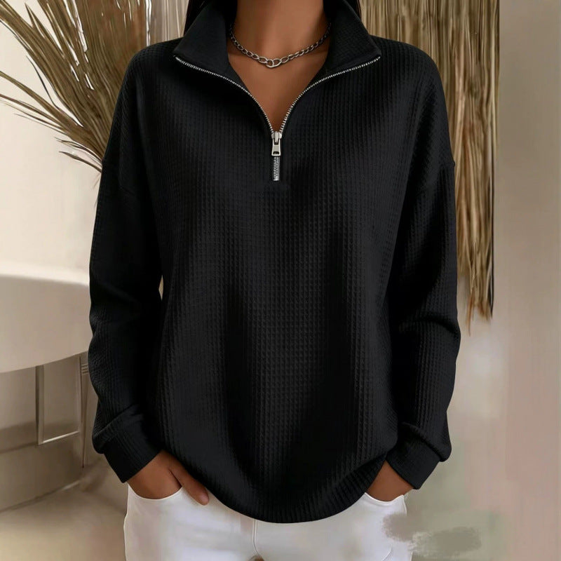 Women's Waffle Knit Sweatshirt with Half Zip and Stand Collar Chichicherry