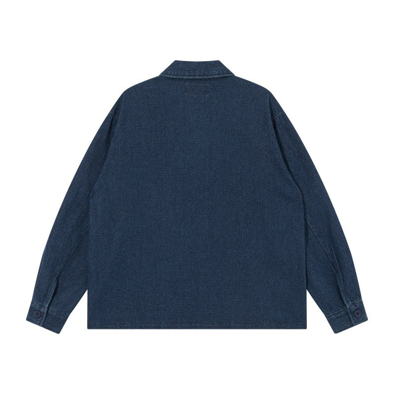 Men's short-cut denim chore jacket in boxy blouson style with Chinese toggle button placket Chichicherry