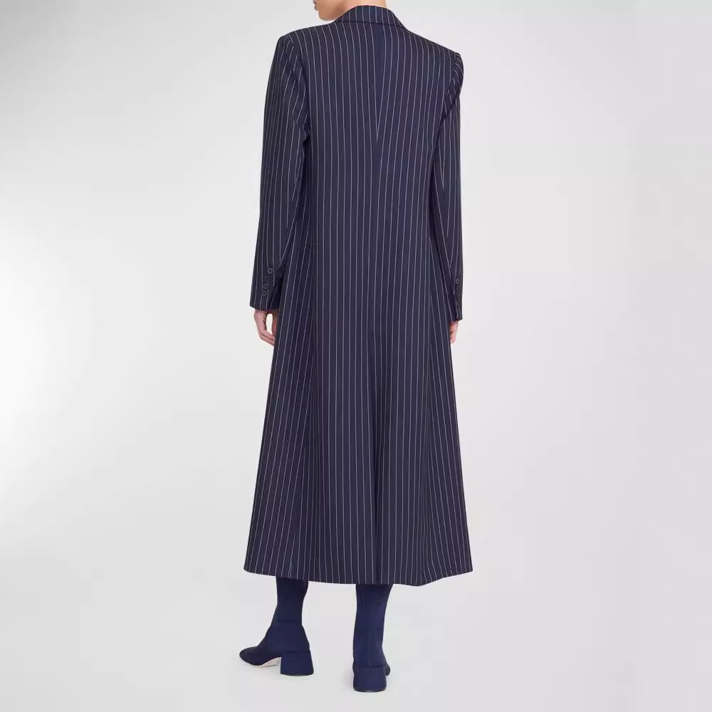 Women's Oversize Longline Coat in Pinstripe Look with Slit and Flap Pockets Chichicherry