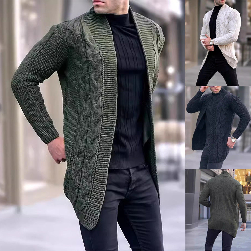 Men's Longline Knitted Cardigan with Shawl Collar, Cable and Pearl Patterns Chichicherry