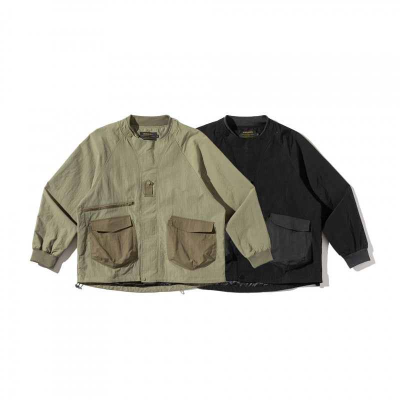 Unisex Short Cut Boxy Overlayer Jacket in Utility Style with Flap Pockets and Drawstring Chichicherry