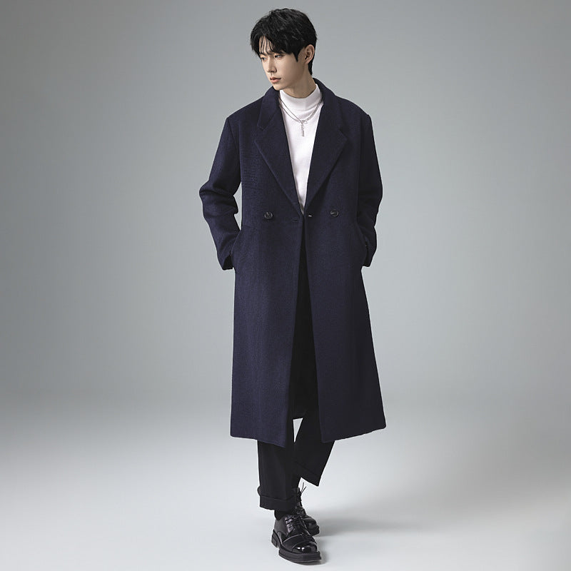 Men's Maxi-Length Wool Blend Coat with Concealed Button Placket and Draped Shawl Collar Chichicherry