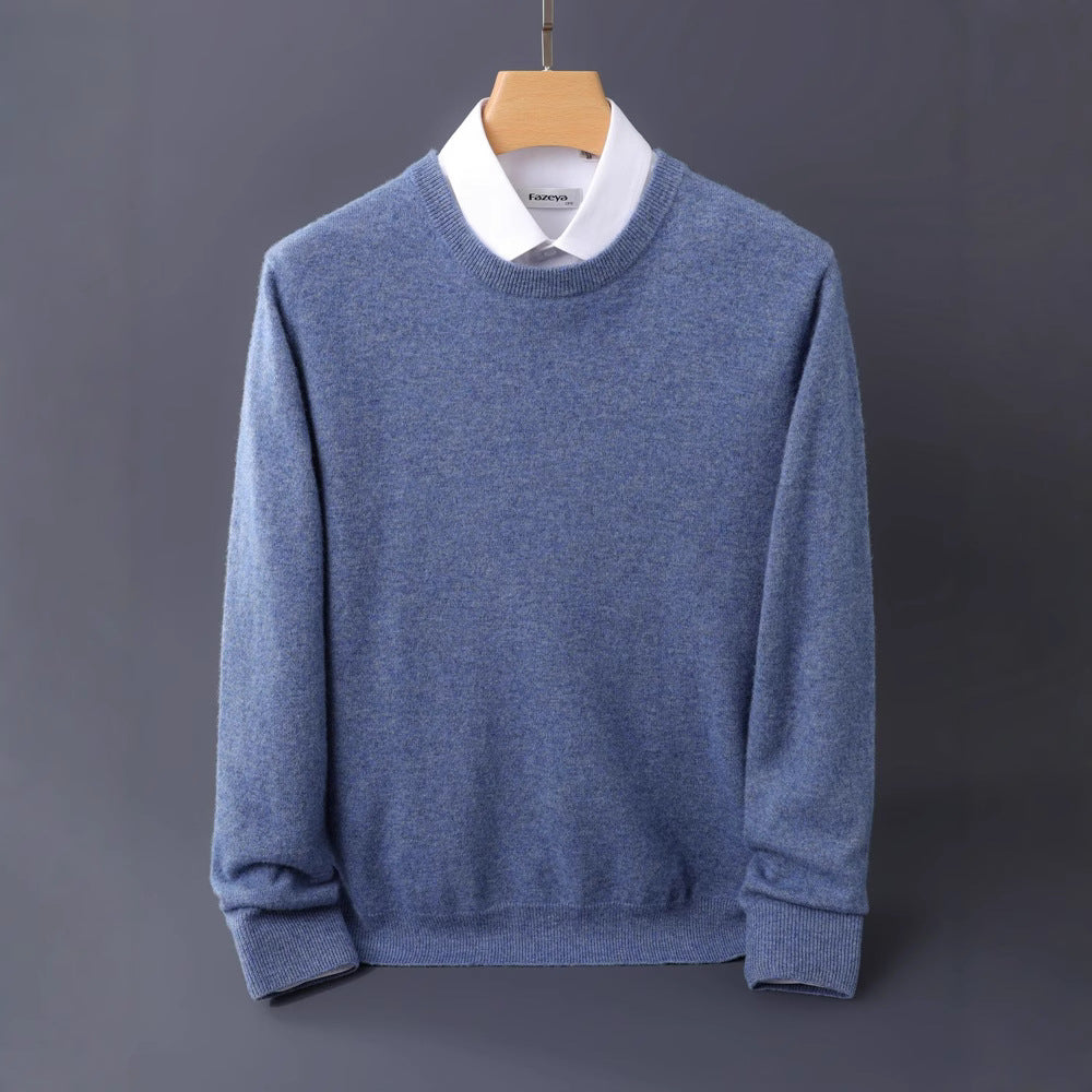 Men's Fine Round Neck Knit Sweater in Cashmere Look with Ribbed Cuffs Chichicherry