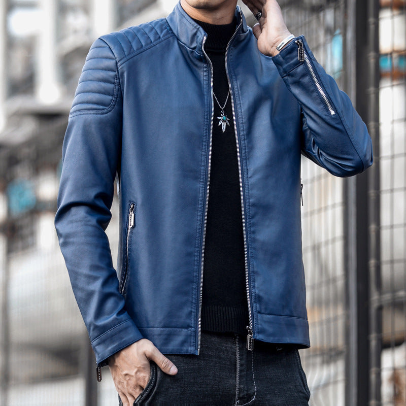 Men's Slim Faux Leather Bomber Jacket with Padded Shoulder Quilting and Stand Collar Chichicherry