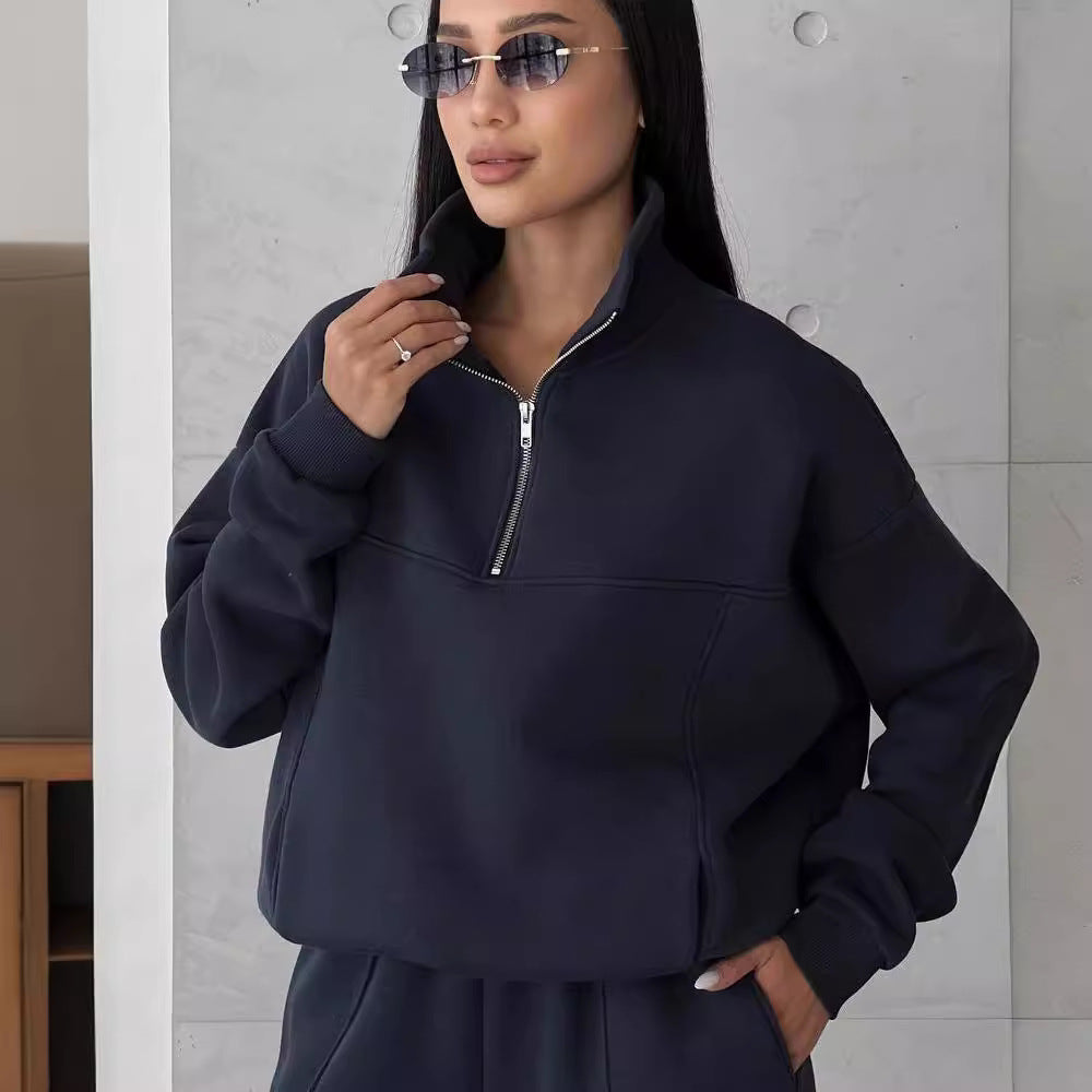 Damen Weiches Oversized Lounge-Set mit Troyer-Kragen, Eingrifftaschen und schmeichelhafter High-Waist Hose Chichicherry