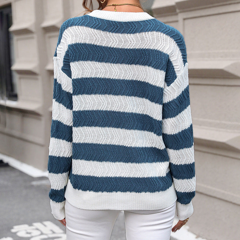 Women's Striped Openwork Knit Sweater with Wavy Design, Loose Fit and Ribbed Cuffs