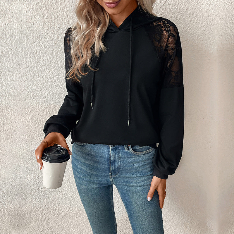 Women's hooded sweater with lace shoulder insert, raglan sleeves, and casual fit Chichicherry