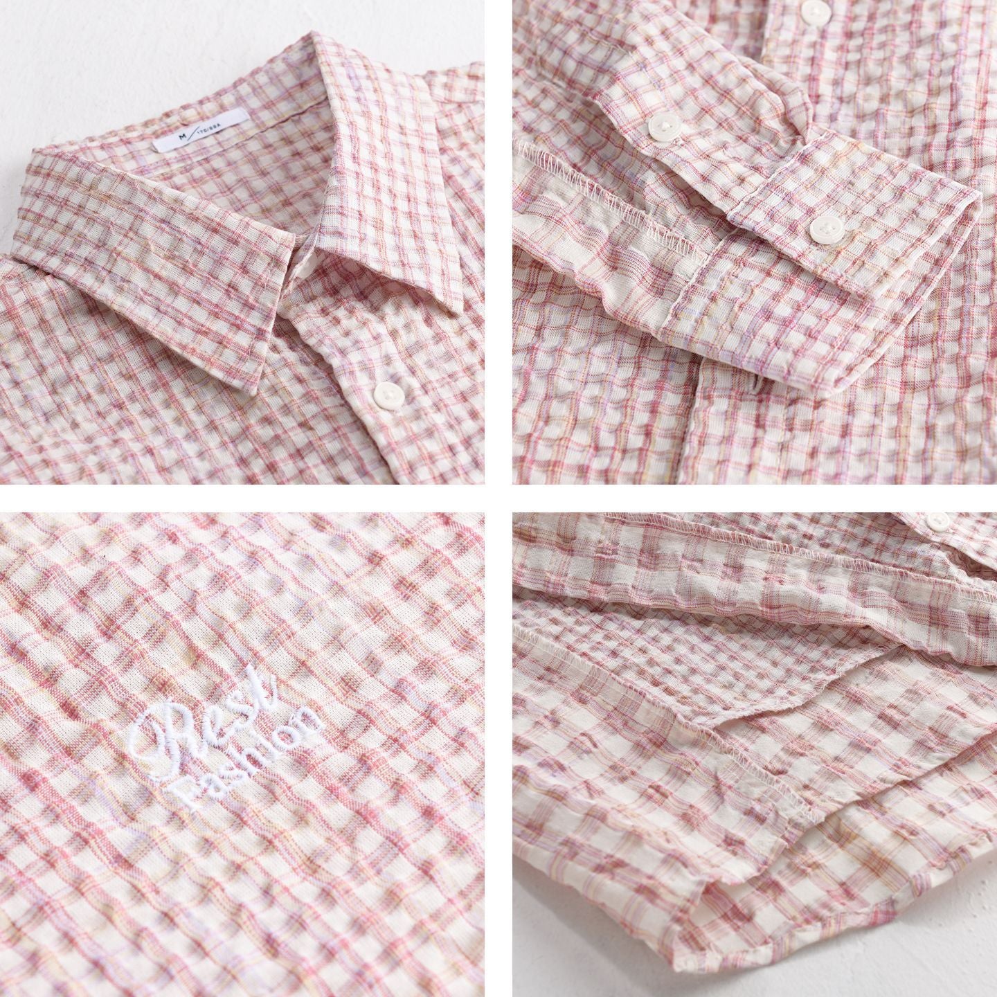Women's Relaxed-Fit Crinkle Shirt Jacket with fine Gingham weaving structure and subtle chest embroidery Chichicherry