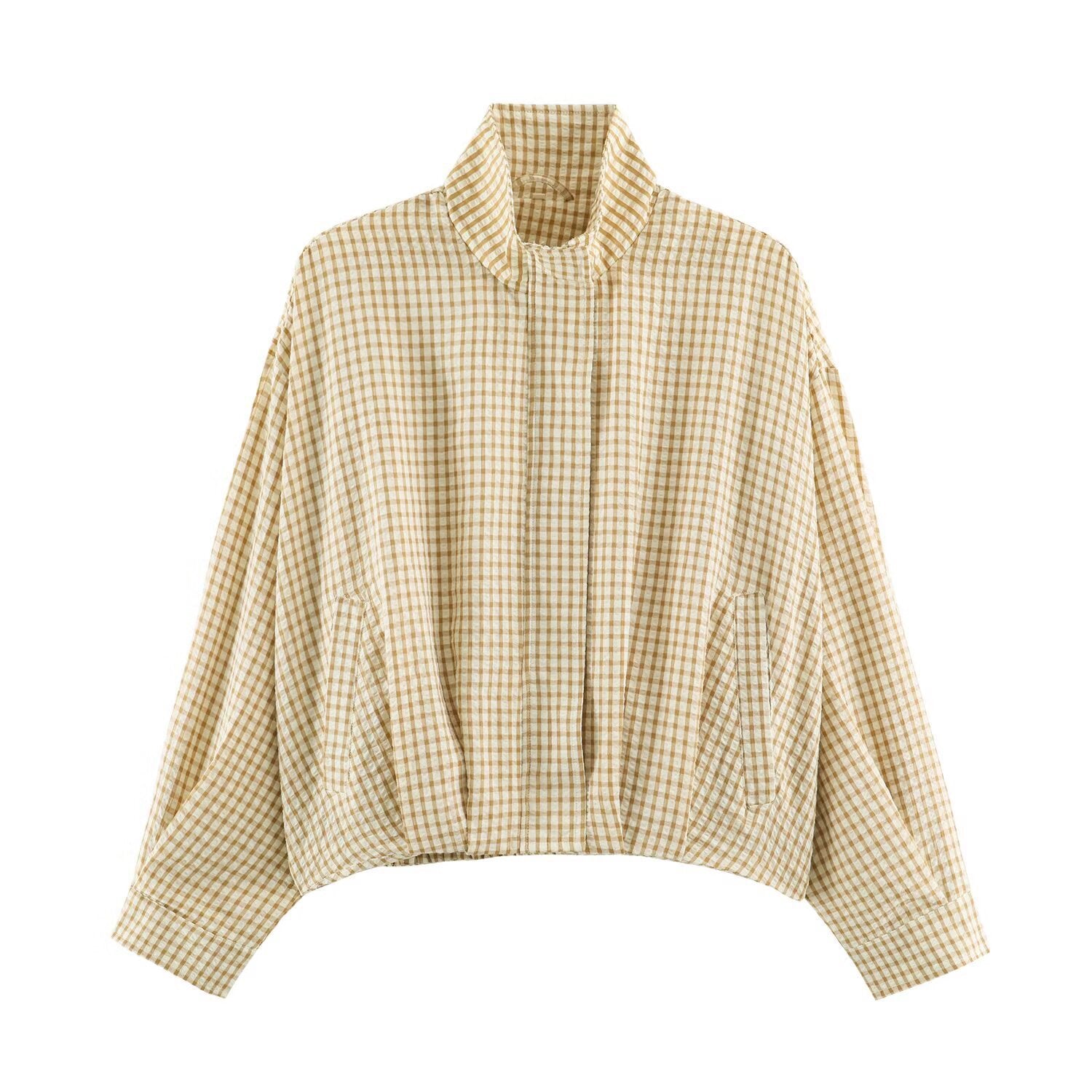 Women Oversize Checkered Blouson Jacket with Stand-up Collar Chichicherry