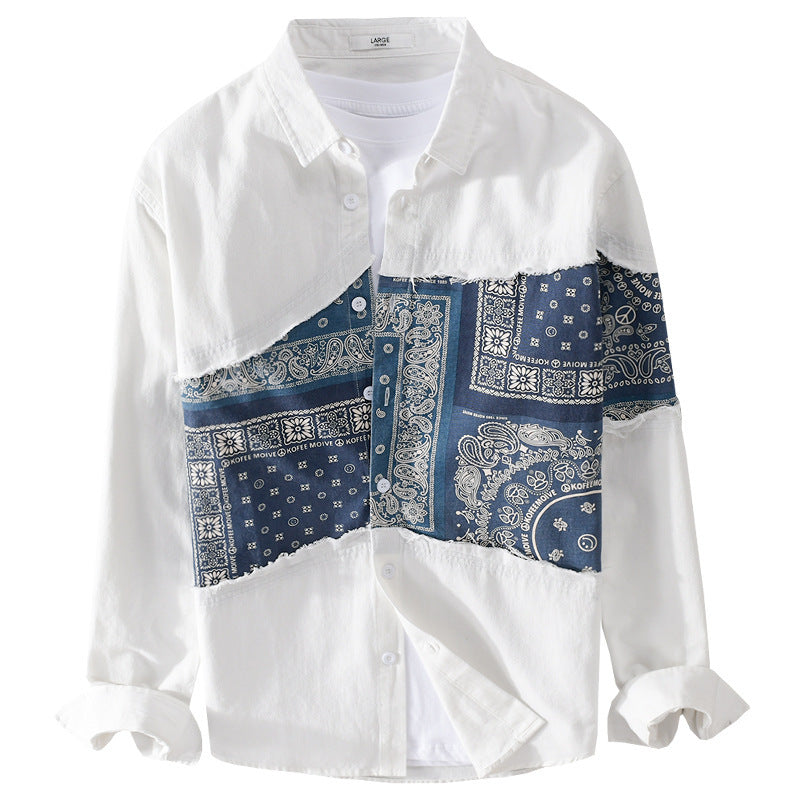 Men's Patchwork Shirt Jacket with Bandana Insert, Raw Edges and Loose Fit Chichicherry