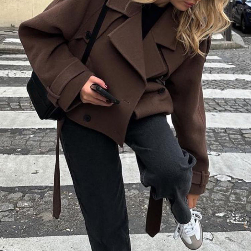 Women short cut oversized wool blend peacoat with wide lapels and tie belt Chichicherry