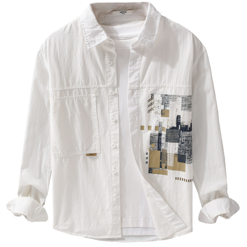 Men's Lightweight Cotton Canvas Overshirt with Abstract Front Print and Double Breast Pocket Chichicherry