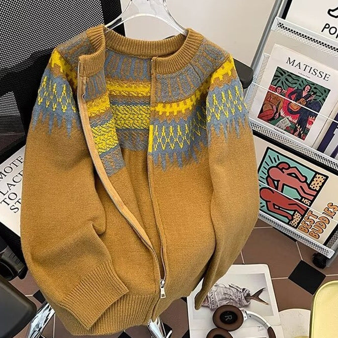Damen Kurz geschnittene Norweger-Strickjacke mit durchgehendem Reißverschluss und Rundkragen Chichicherry