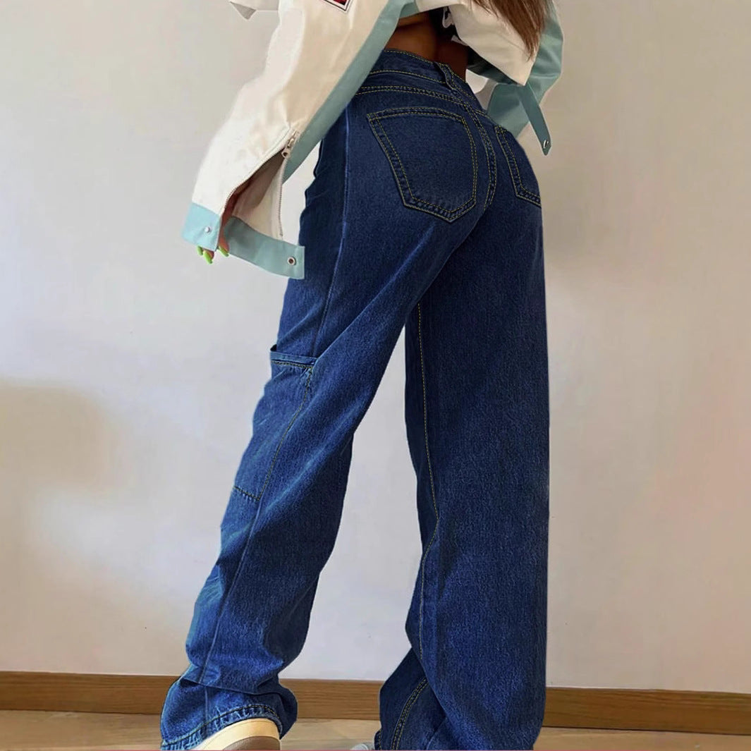 Women High-waisted wide jeans pants with prominent seam panels and utility knee inserts Chichicherry