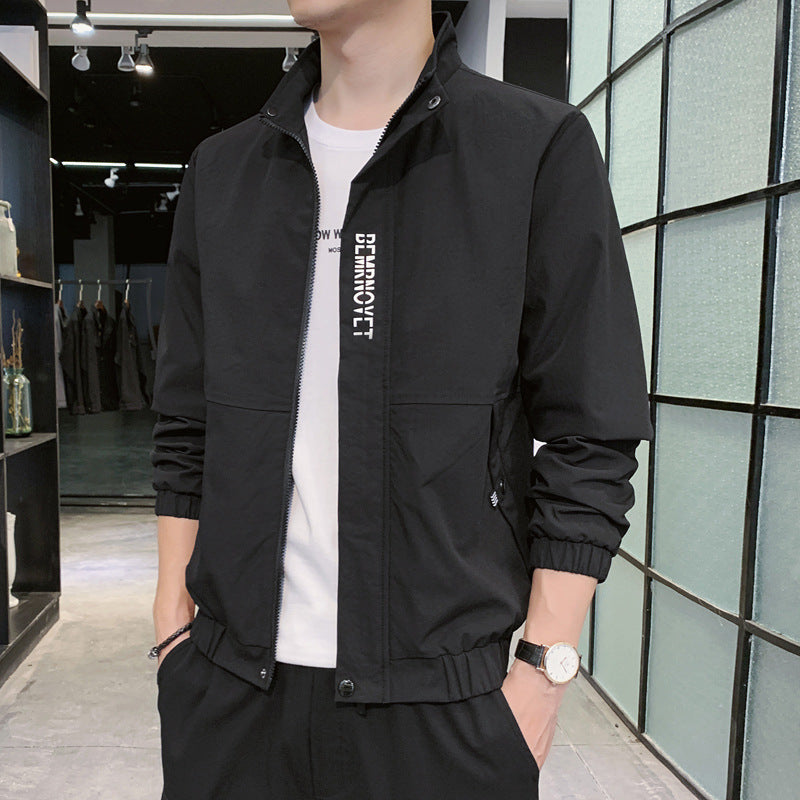 Men's Light Bomber Jacket with Stand-Up Collar, Elastic Hem and Flap Pockets Chichicherry