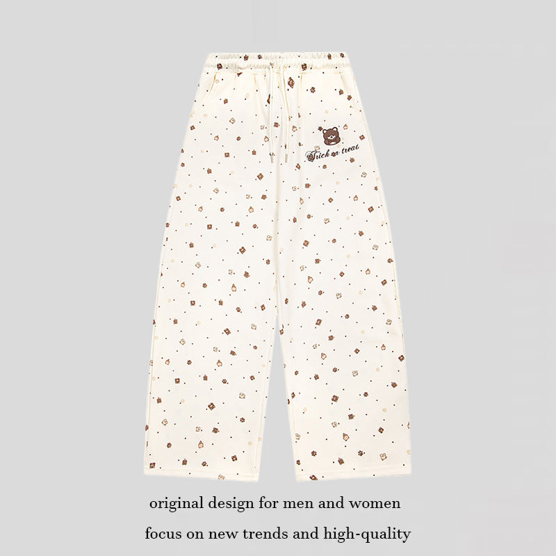 Women's Wide Lounge Pants in Culotte Style with Elastic Comfort Waistband and Cute Bear Print