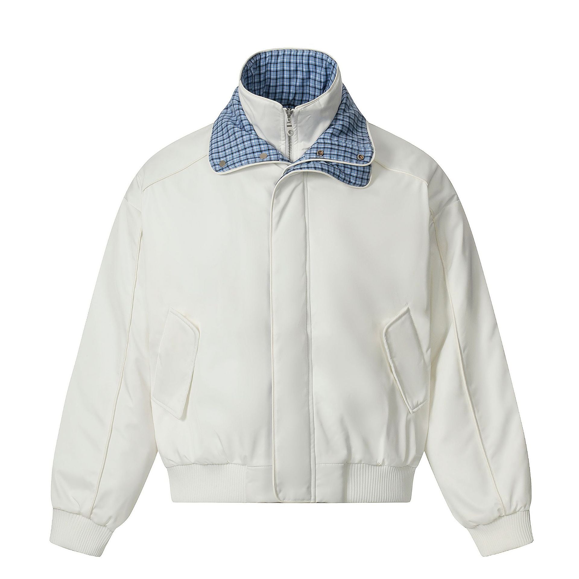 Unisex short jacket with high double collar and checked inner lining Chichicherry