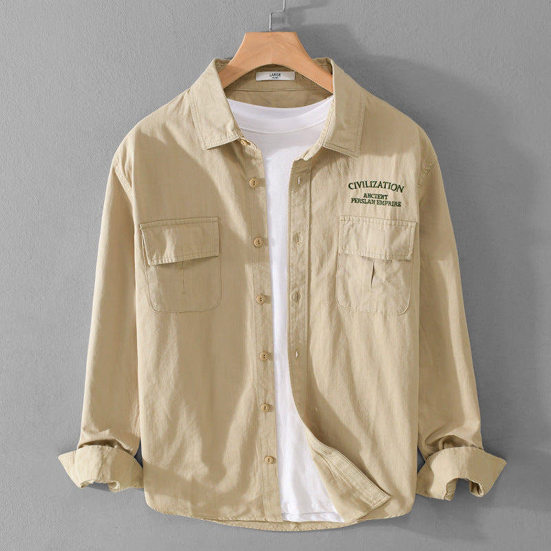 Men's Military-Inspired Overshirt with Double Chest Pockets and Subtle Embroidery Chichicherry