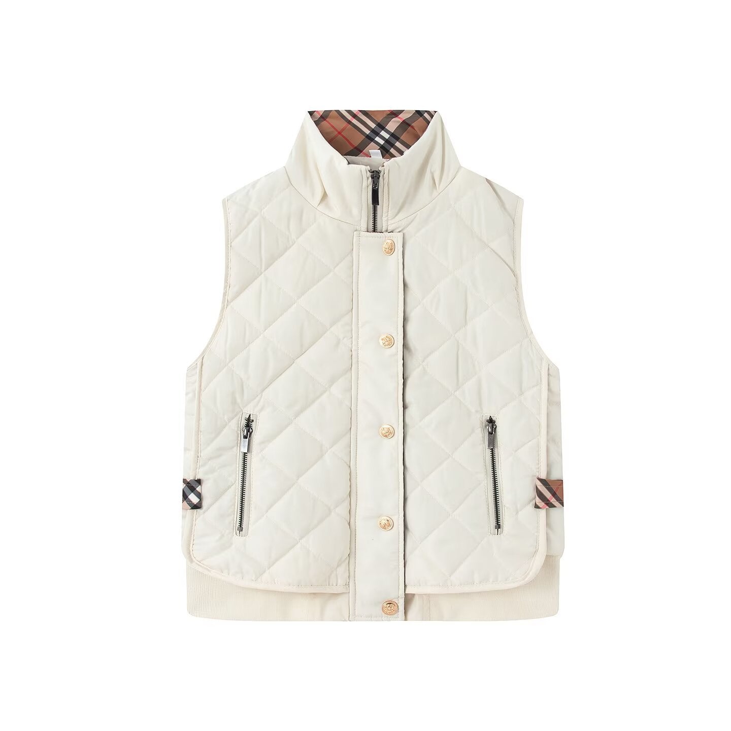 Women's quilted vest with stand-up collar, zippered pockets, and checked lining Chichicherry