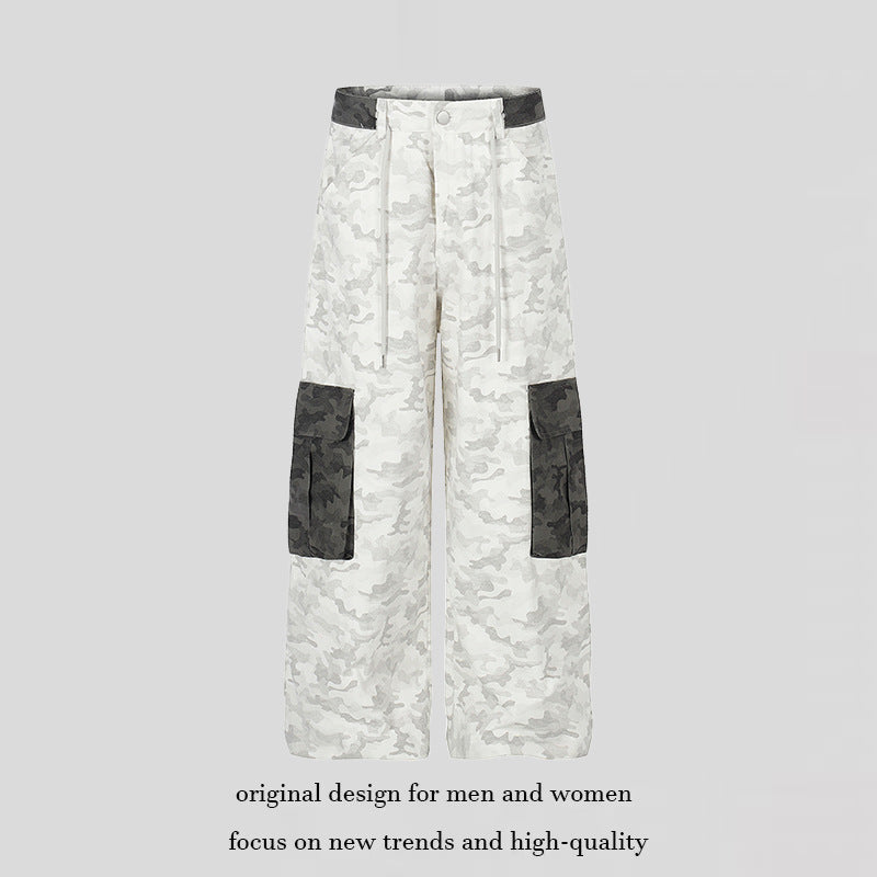 Women's Wide Cargo Pants with High Waist, Camouflage Print and Contrast Pockets Chichicherry