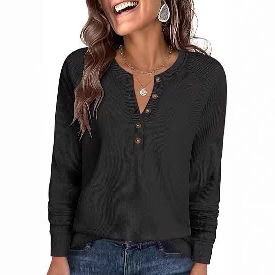Ladies Waffle Knit Henley Long Sleeve with Button Placket, Raglan Sleeves and Ribbed Cuffs Chichicherry