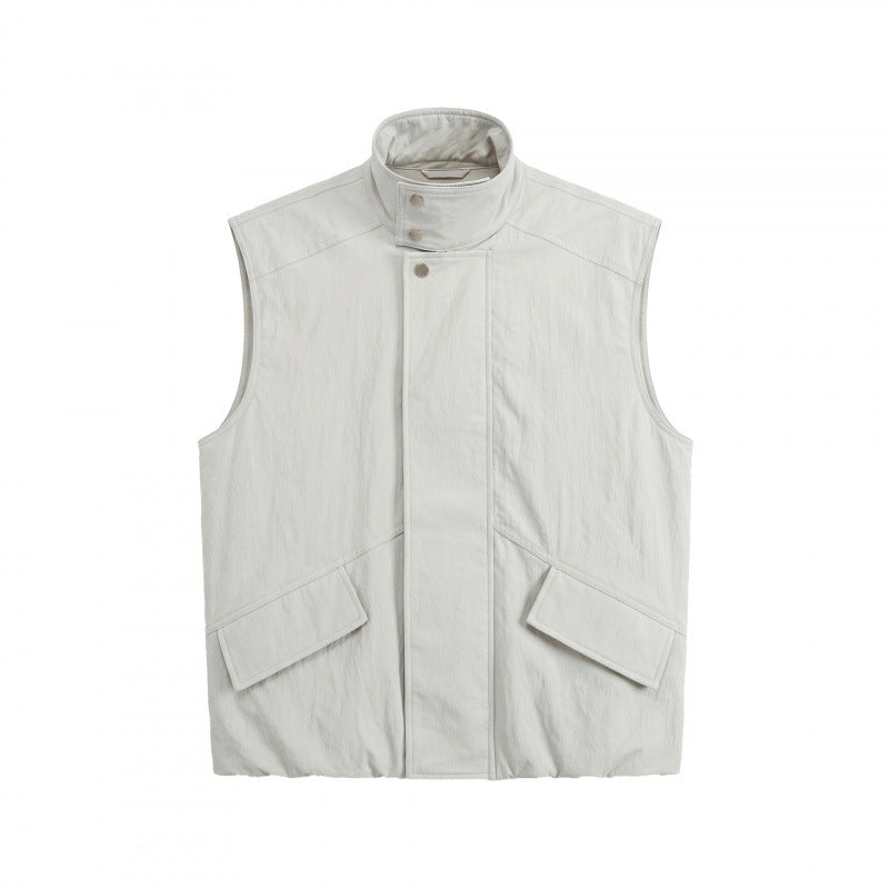 Unisex Boxy Padded Sleeveless Vest with High Stand-Up Collar, Hidden Snap Button Placket and Flap Pockets Chichicherry