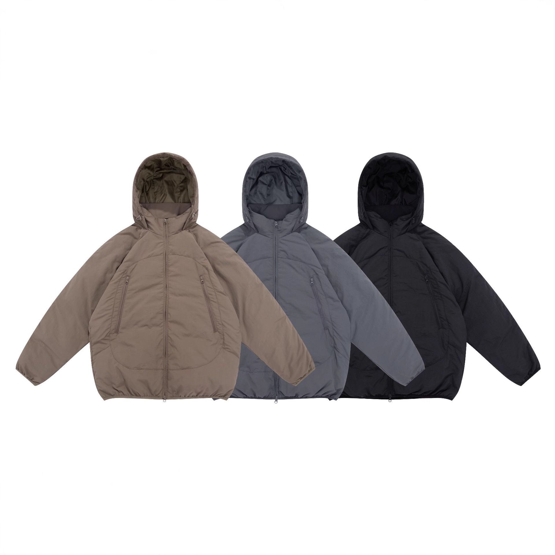 Unisex Voluminous Hooded Insulation Jacket in Boxy Cut with Concealed Zipper Pockets Chichicherry