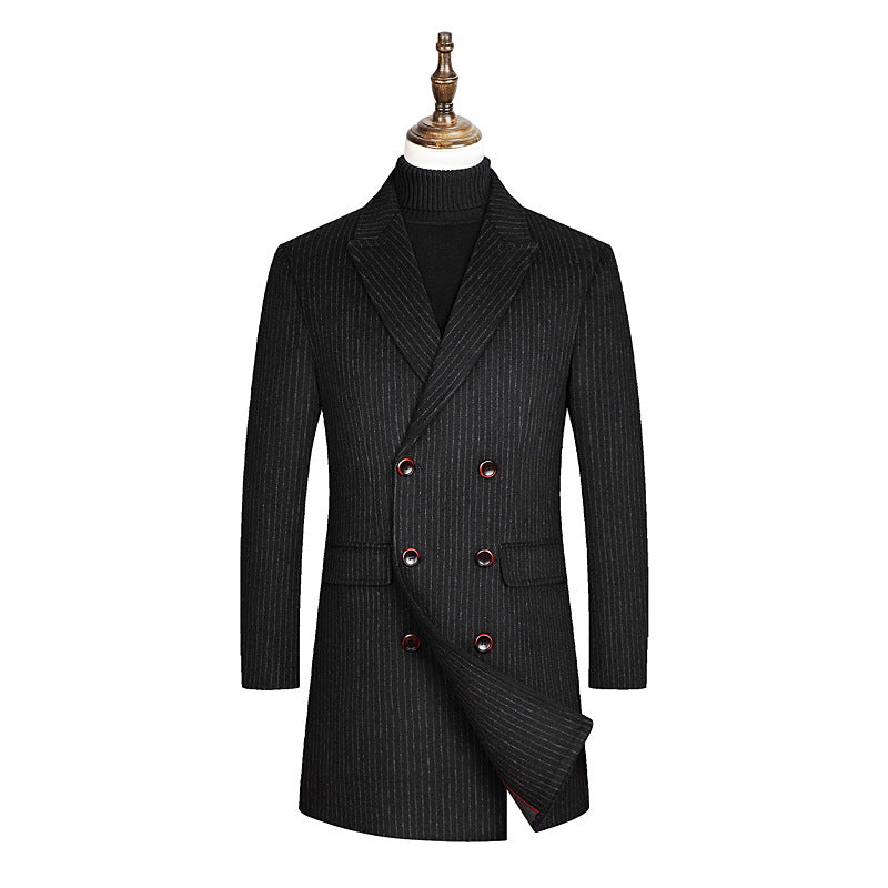 Men's Double-breasted tailored Wool blend coat with pinstripes and lapel collar Chichicherry