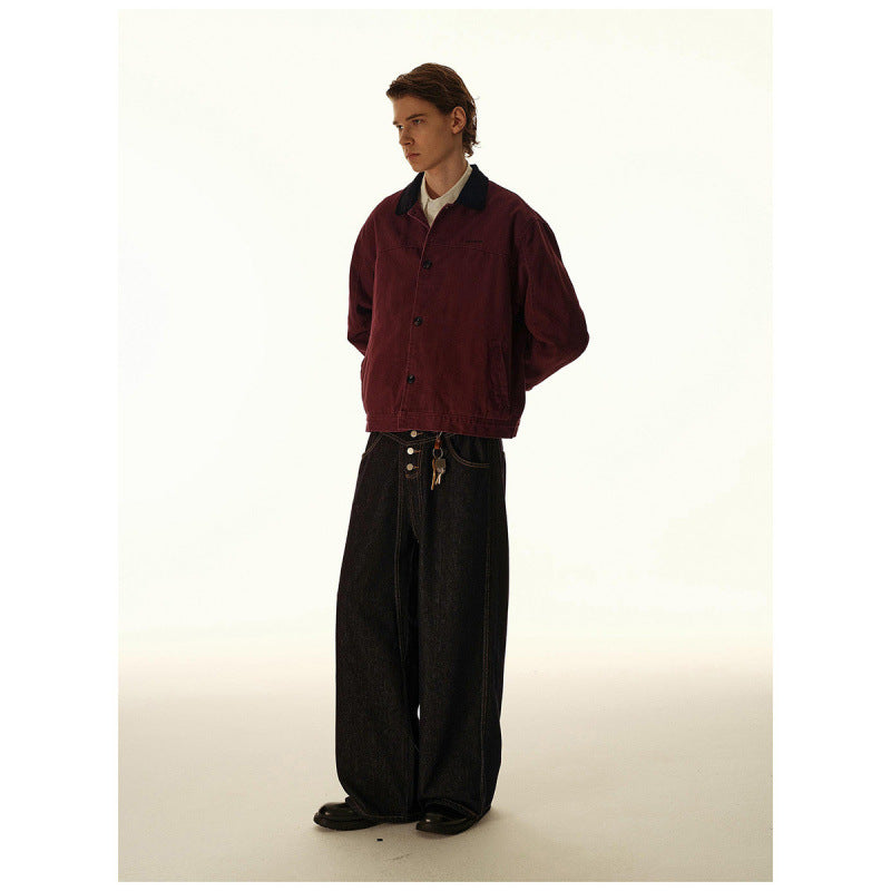 Men's Boxy Canvas Jacket with Cord Collar and Concealed Button Placket Chichicherry