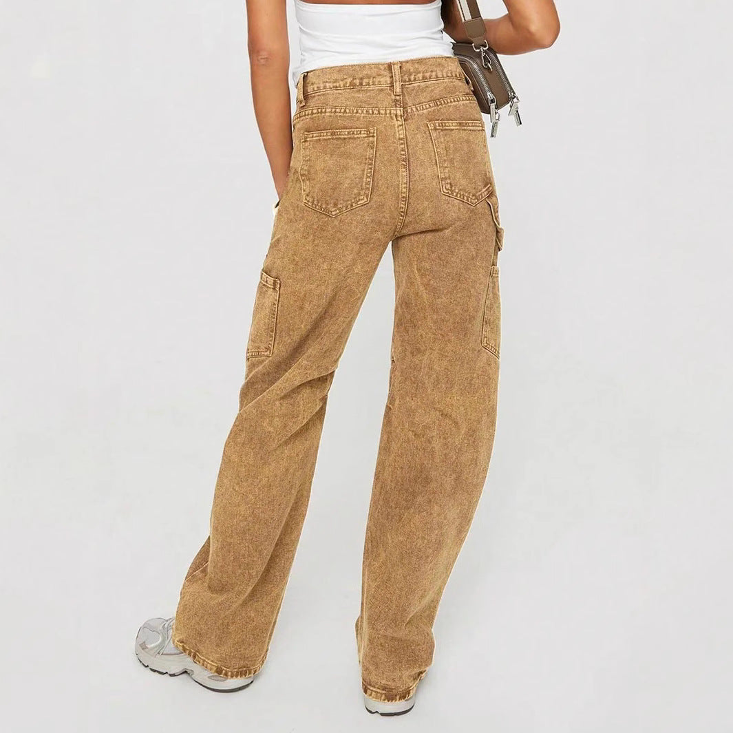 Women's Loose Utility Cargo Jeans with Straight Leg and Patch Pockets Chichicherry