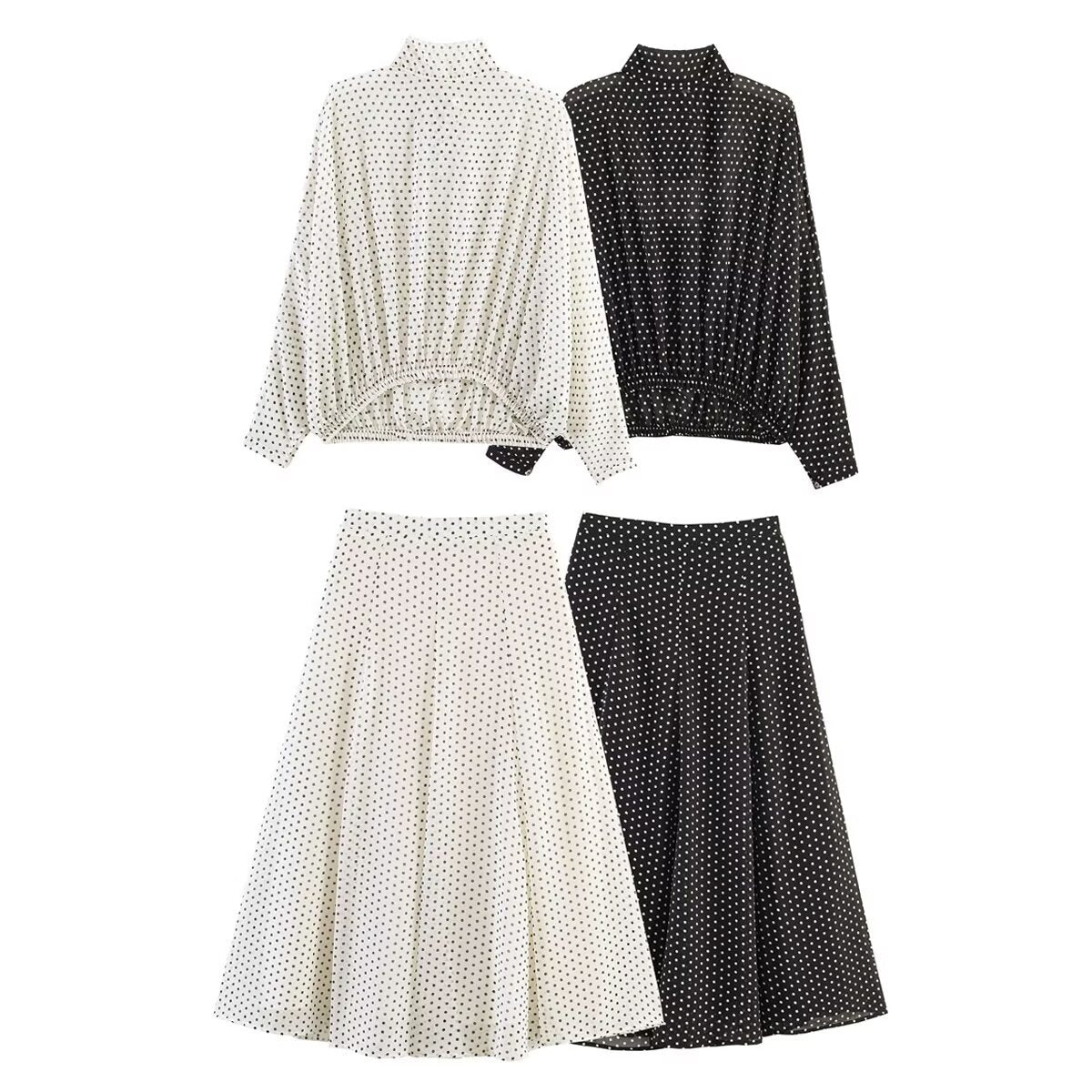 Ladies Flowing Midi Skirt in Vintage Polka Dot Design with Flared Plate Cut Chichicherry