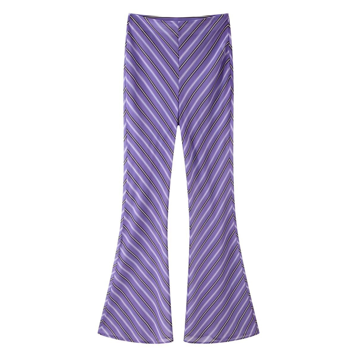 Women's Flared Satin Pants with Diagonal Stripe Look and High Waist Chichicherry
