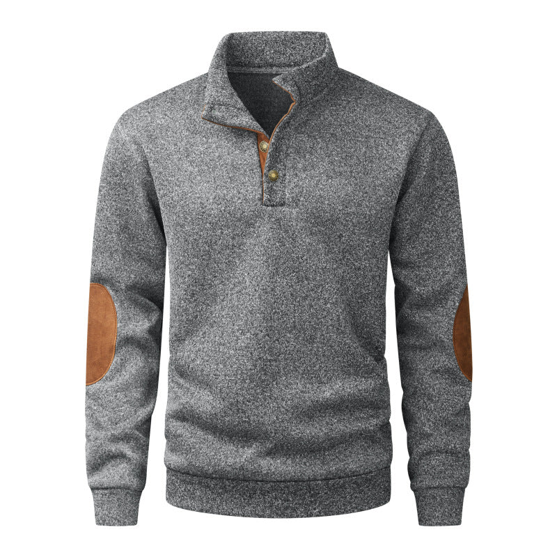 Men's knit sweater with standing collar, button placket & elbow patches Chichicherry